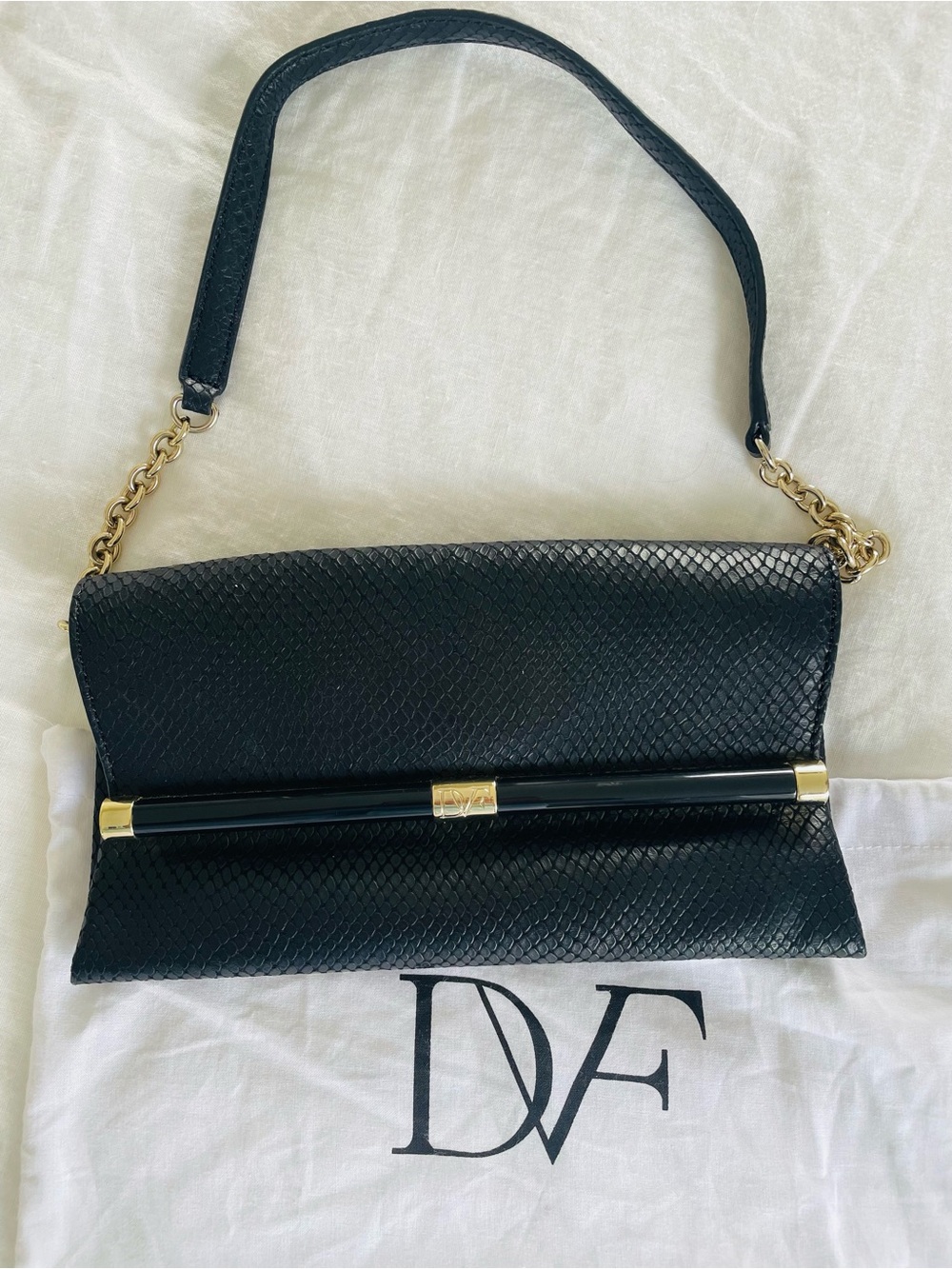 Vintage DVF Black Leather Snake Embossed Clutch Shoulder Bag